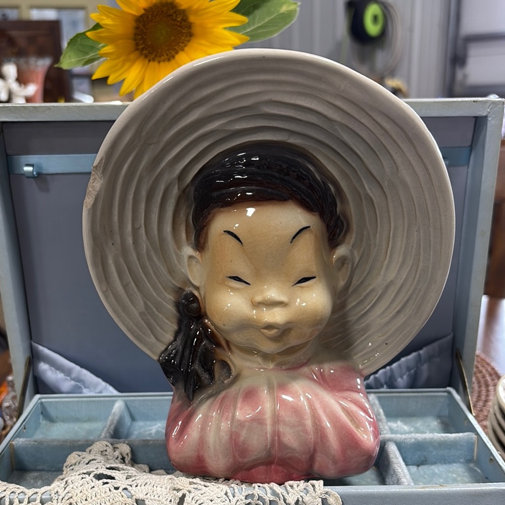 Royal Copley 1930's Asian Girl Head with Puckered Lips Vase Wall Pocket 
L